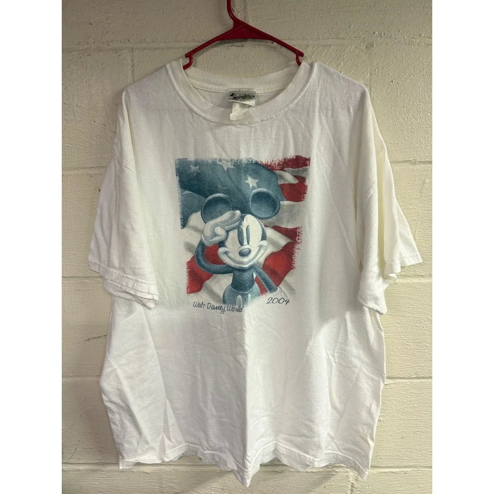 Vintage 2004 Walt Disney World Mickey Mouse American‎ Flag White T-Shirt XL
